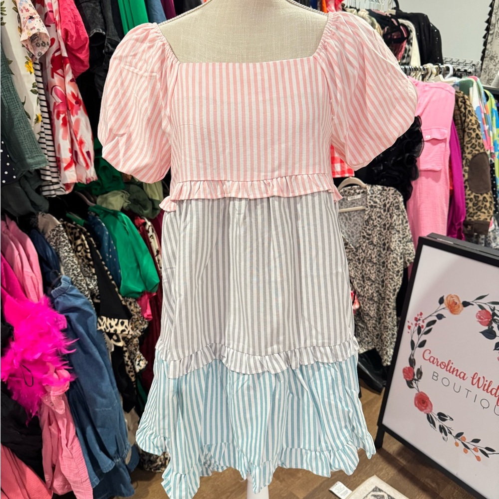 Striped Pink, Gray, and Blue Dress